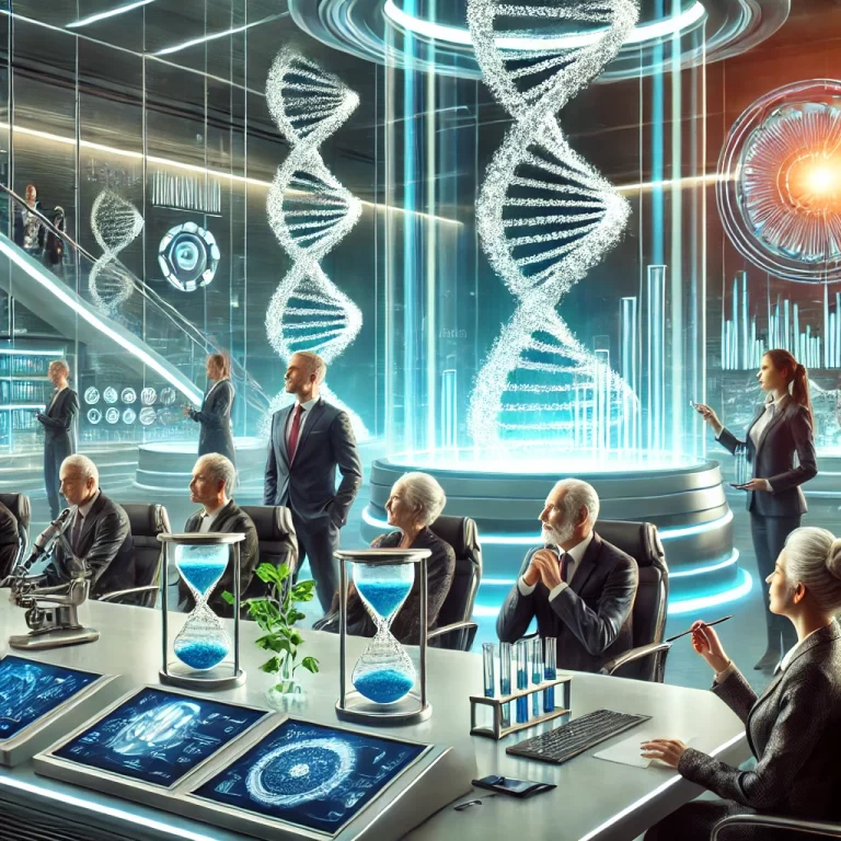 Grupa bogatych inwestorów w nowoczesnym laboratorium dyskutuje nad technologiami długowieczności. Otoczeni zaawansowanym sprzętem naukowym i wyświetlaczami danych zdrowotnych, omawiają sposoby na przedłużenie życia i zdrowia w przyszłości.