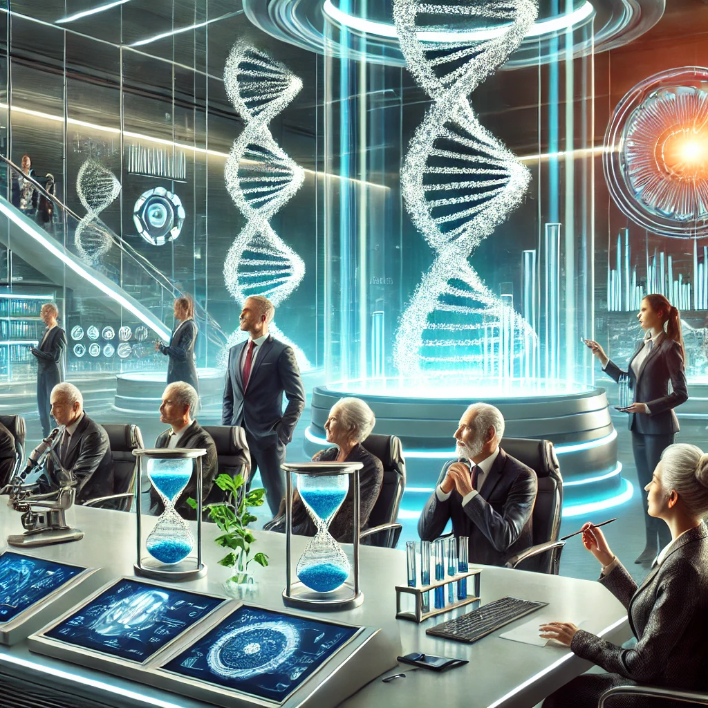 Grupa bogatych inwestorów w nowoczesnym laboratorium dyskutuje nad technologiami długowieczności. Otoczeni zaawansowanym sprzętem naukowym i wyświetlaczami danych zdrowotnych, omawiają sposoby na przedłużenie życia i zdrowia w przyszłości.