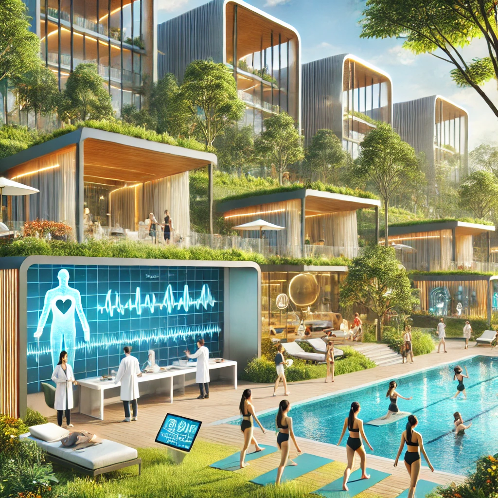 Nowoczesny ośrodek wellness z minimalistyczną architekturą, otoczony naturą. Ludzie angażują się w aktywności zdrowotne, takie jak joga i zaawansowane diagnostyki medyczne, symbolizując połączenie luksusu z innowacyjnymi technologiami długowieczności.